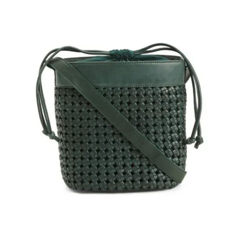 Green Ashwood Woven Leather Crossbody Bucket Bag with Drawstring Closure (NWT)